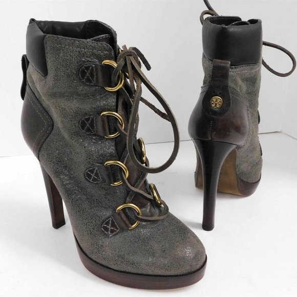 Tory Burch Lawson Bootie Pewter Brown‎ Leather Platform Stiletto Ankle Boots 7 M - Picture 1 of 7